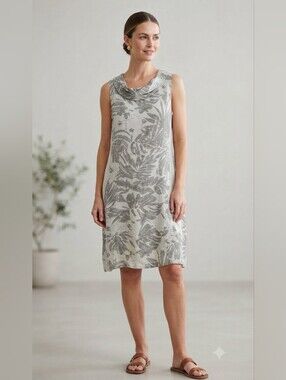 Lina Tomei Italian Linen Botanical Print Cowl Neck Dress - Small